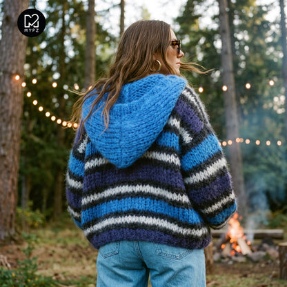Knitting Kit – MYPZ Hooded Chunky Mohair Bomber Cardigan Blue No.15 (ENG-DE-NL-ES-FR-IT-DA-SV-NO)