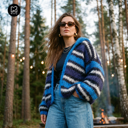 Knitting Kit – MYPZ Hooded Chunky Mohair Bomber Cardigan Blue No.15 (ENG-DE-NL-ES-FR-IT-DA-SV-NO)