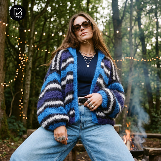 Knitting Kit – MYPZ Hooded Chunky Mohair Bomber Cardigan Blue No.15 (ENG-DE-NL-ES-FR-IT-DA-SV-NO)