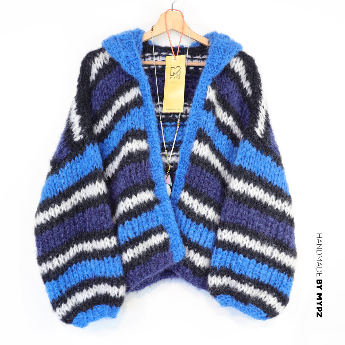 Knitting Kit – MYPZ Hooded Chunky Mohair Bomber Cardigan Blue No.15 (ENG-DE-NL-ES-FR-IT-DA-SV-NO)